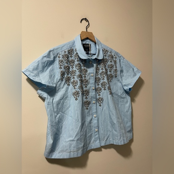 NWT J. Crew Collection Baby Blue White Pinstripe Embellished Crop Shirt Size 16 - Picture 4 of 11